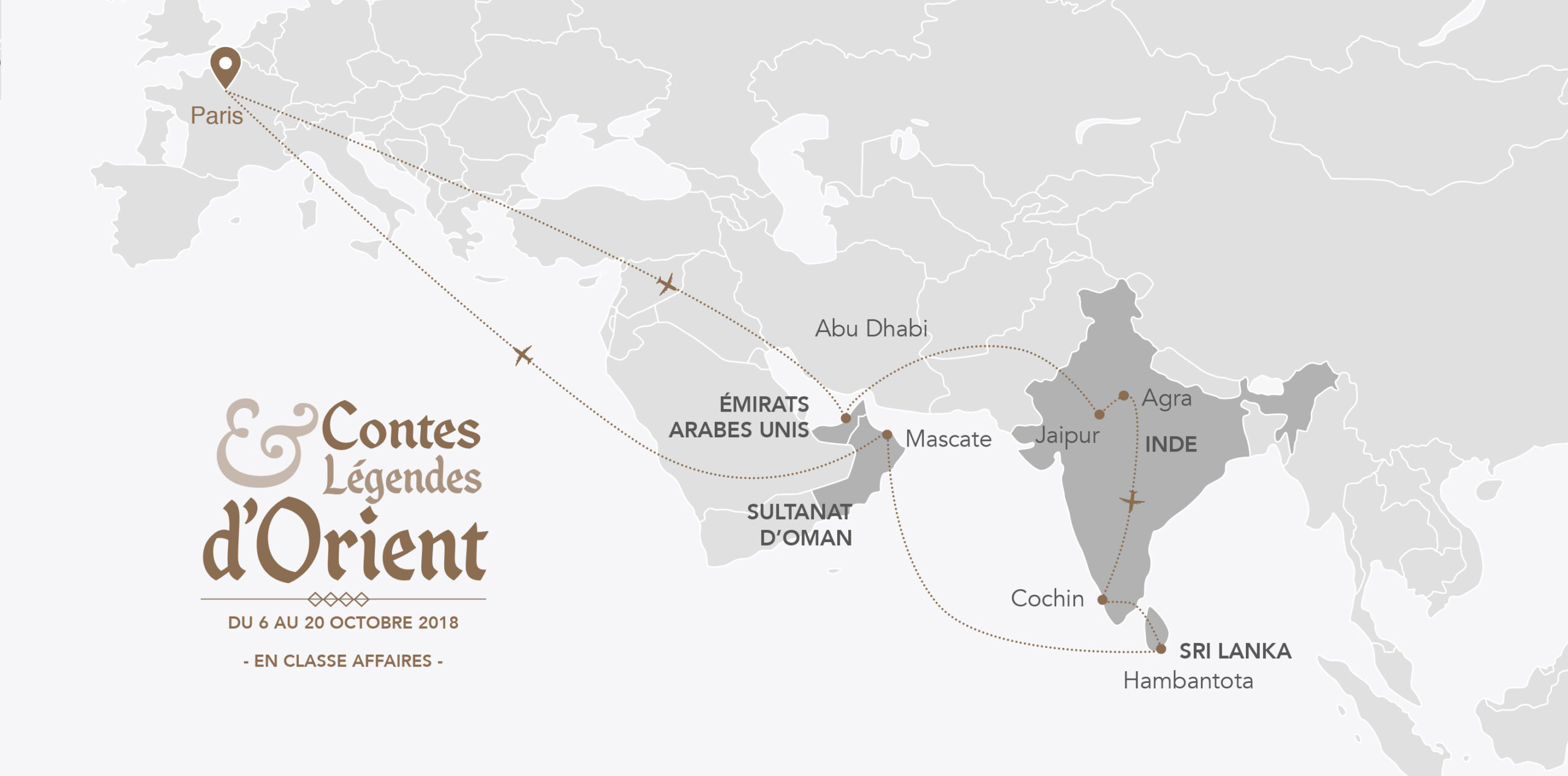 Itinéraire de TMR Voyages pour un voyage culturel en Orient, reliant Paris à des destinations emblématiques comme Jaipur et Agra.
