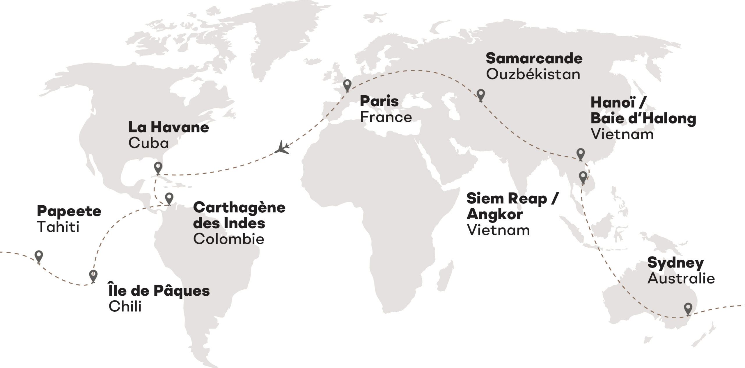 Carte des destinations emblématiques de TMR Voyages, offrant des expériences authentiques et des voyages sur mesure.

L'Havane, Cuba : immersion culturelle au cœur de l'histoire et des traditions locales.

Paris, France : visites guidées des monuments iconiques pour des escapades luxueuses et mémorables.

Samarcande, Ouzbékistan : aventures fascinantes à travers des paysages historiques et culturels uniques.

Hanoï/Baie d'Halong, Vietnam :