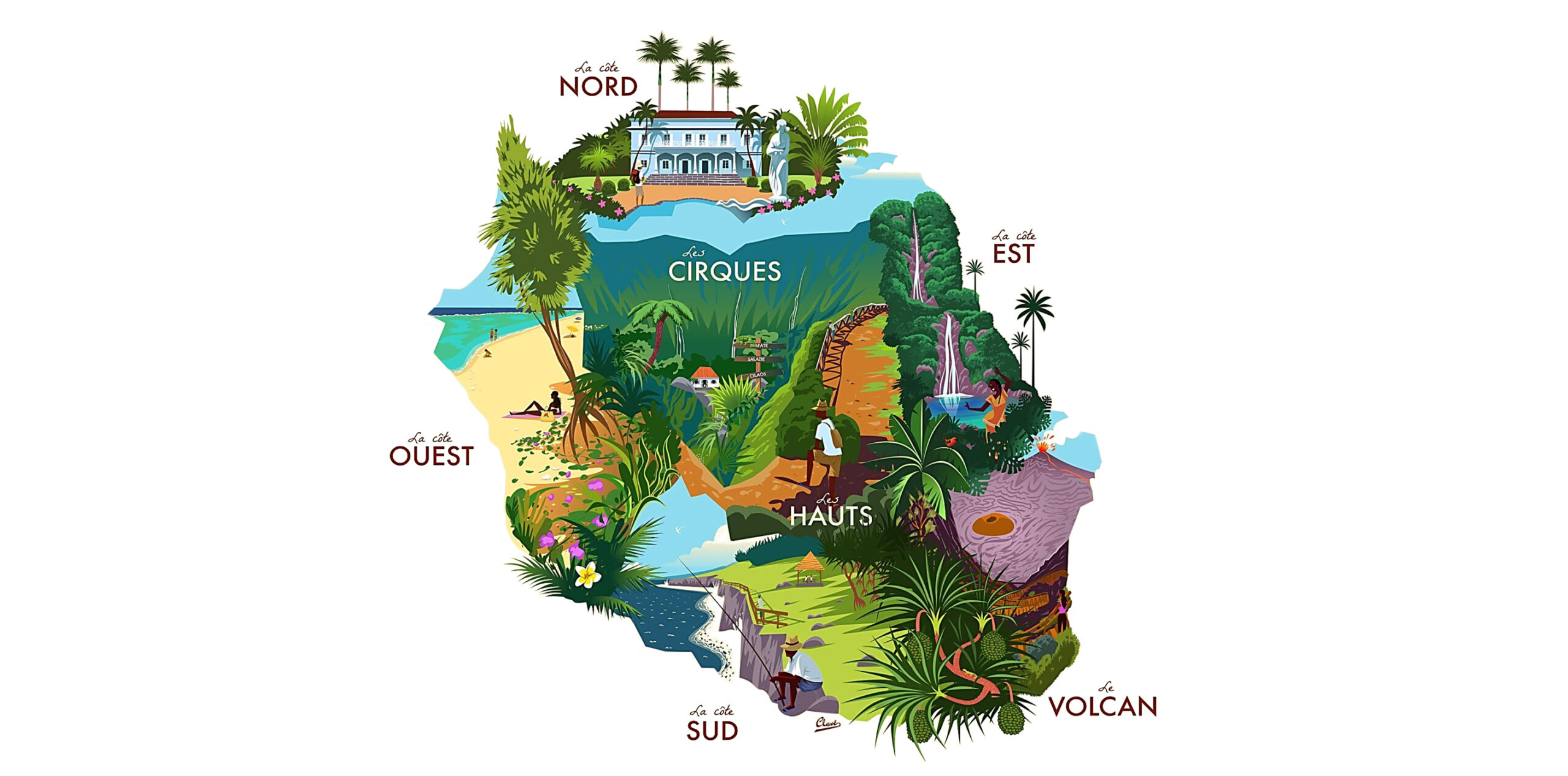 Carte illustrée de La Réunion, mettant en avant ses paysages variés et ses côtes, idéale pour des voyages d'aventure.