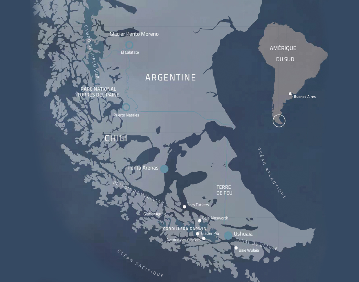 Carte détaillée de l'Argentine et du Chili, idéale pour des aventures authentiques et des escapades exclusives avec TMR Voyages.
