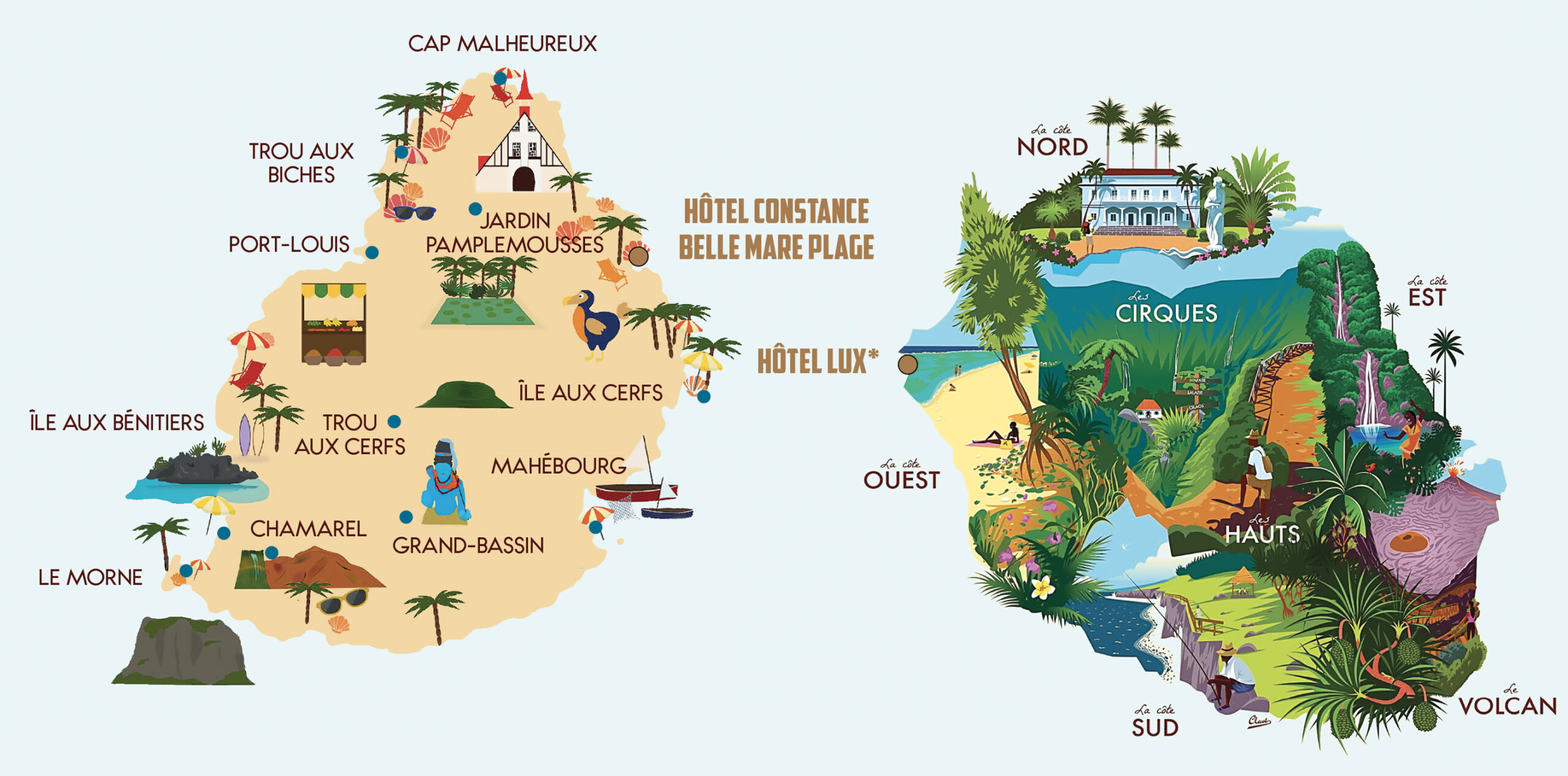 Carte illustrée de l'île Maurice, mettant en avant ses destinations et paysages exotiques pour des vacances de rêve.