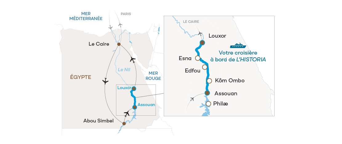 Carte du Nil en Égypte, montrant des destinations de croisière comme Louxor et Assouan, idéale pour une croisière TMR Croisières.